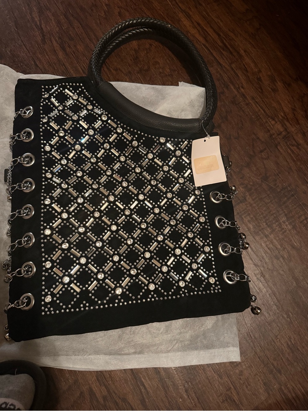 Embellished Black Tote Handbag with Silver Studs
